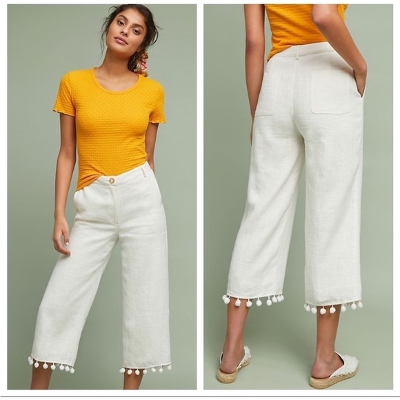 Anthropologie Ett:Twa White Pommed Linen Wide Leg High Rise Pants - Picture 1 of 11